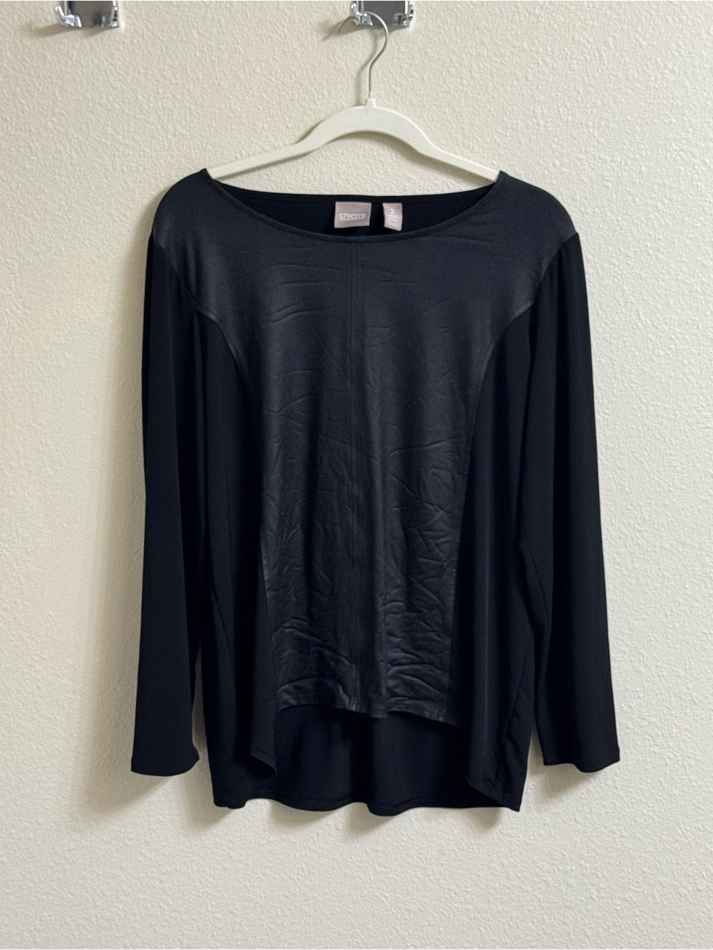Chico’s Black Mixed Media Long Sleeve Top Size 2 Faux Leather Front Panel